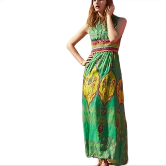 Anthropologie | Dresses | Hemant Nandita Mintzita Green Silk Floral Maxi  Dress Size | Poshmark